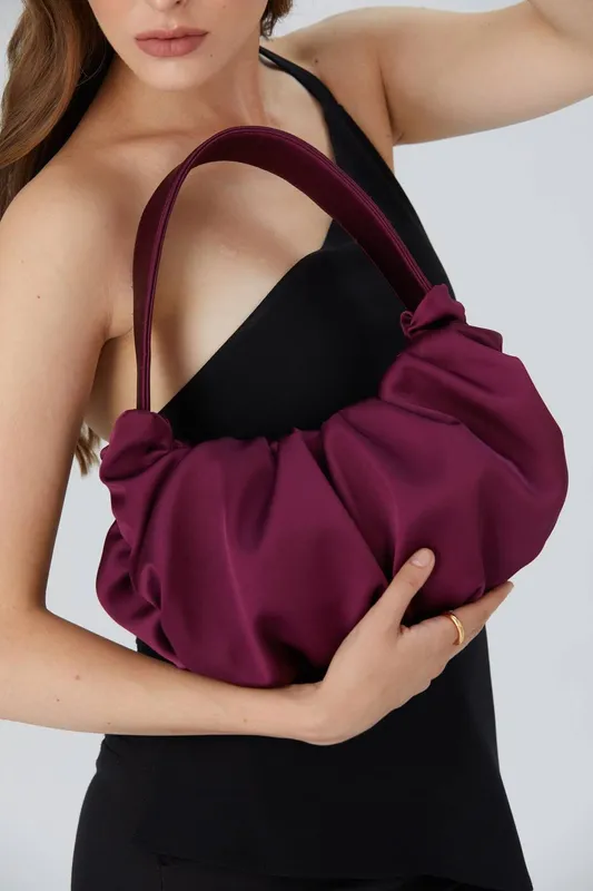 Belissh Women's Pleated Satin Shoulder Bag in Burgundy - Burgundy - Size: One Size