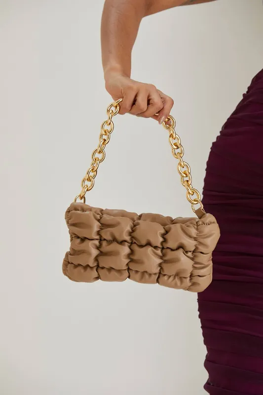 Belissh Women's Puffy Quilted Chunky Chain Handbag in Beige Beige One Size