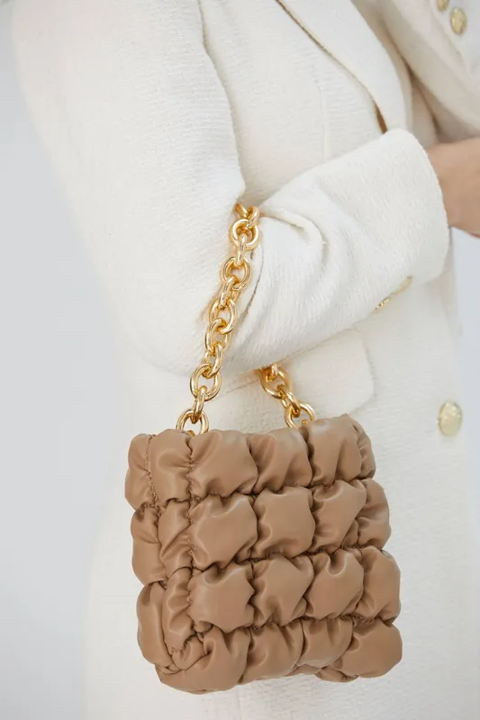 Belissh Women's Puffy Quilted chunky Chain Handbag in Nude Nude