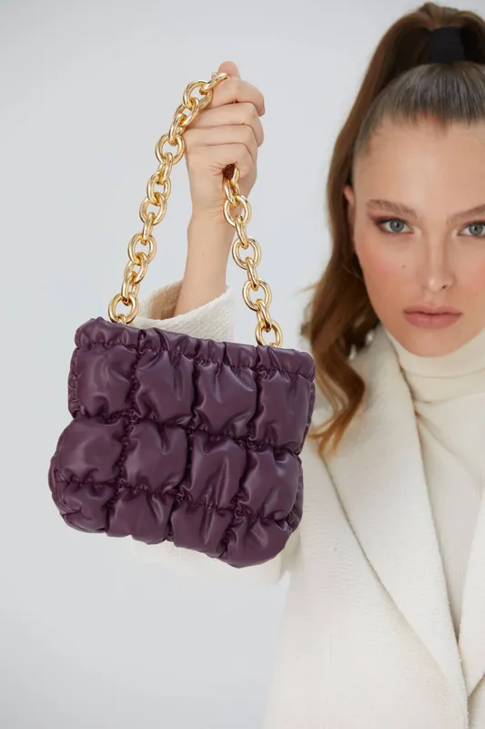 Belissh Women's Puffy Quilted chunky Chain Handbag in Plum - Plum