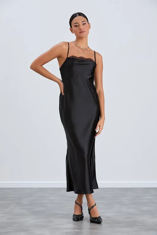Belissh Women's Satin Cami Dress with Delicate Lace in Black Size: 14 - Black
