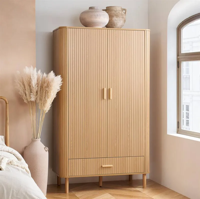 Birlea 2 Door 1 Drawer Oak Brown Wooden Fluted Wardrobe Axel Brown