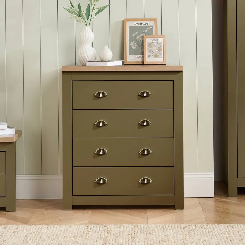 Birlea Chest of Drawers Olive Green Highgate 4 Drawer & Oak Olive