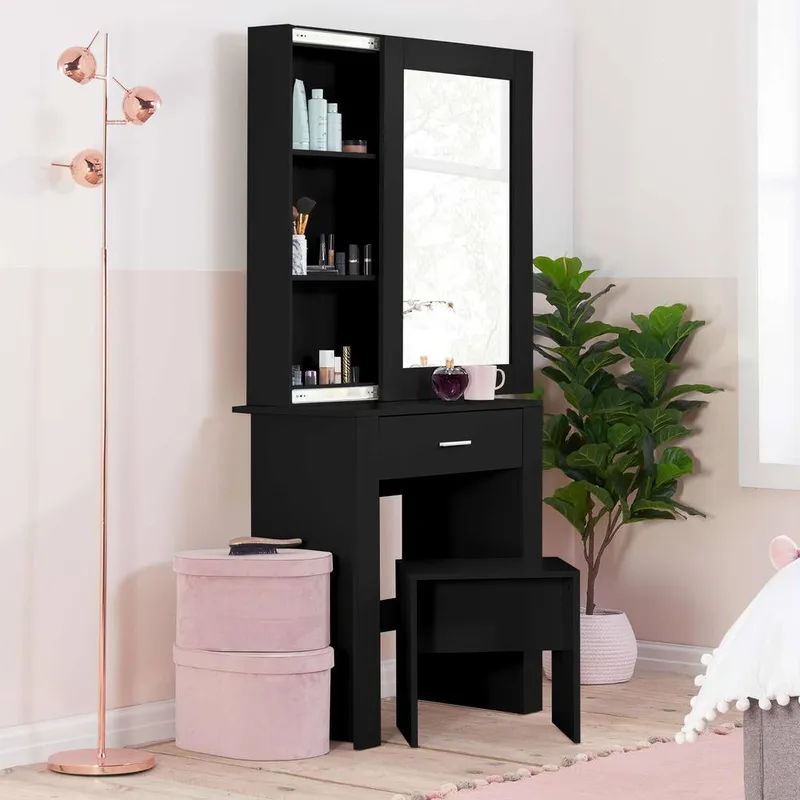 Birlea Unisex Evelyn 1 Drawer Sliding Mirror Dressing Table White in Black Black female