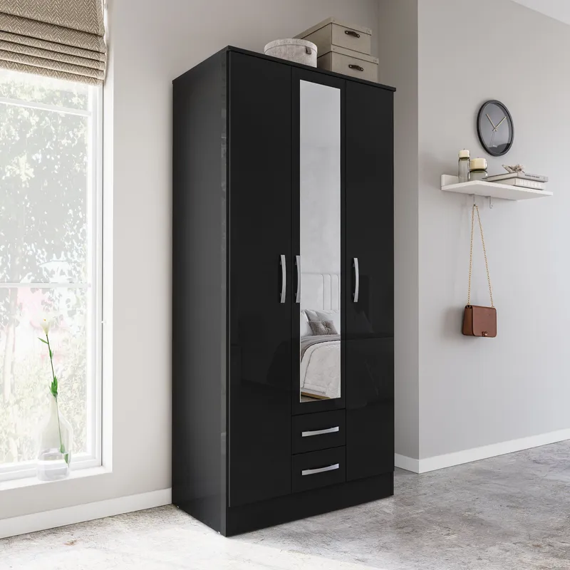 Birlea Lynx 3 Door 2 Drawer Wardrobe With Mirror in Black Black