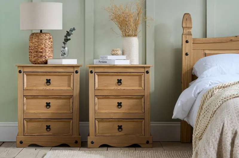 Birlea Pair of Corona Large 3 Drawer Bedside Cabinet Bedside Mexican Chest in Natural - Natural