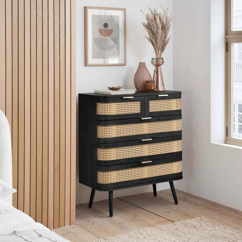 Birlea Rattan 5 Chest of Drawers Sark Black Mid Century Modern - Black