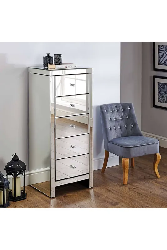 Birlea Seville 5 Drawer Narrow Chest Mirrored in Silver - Silver