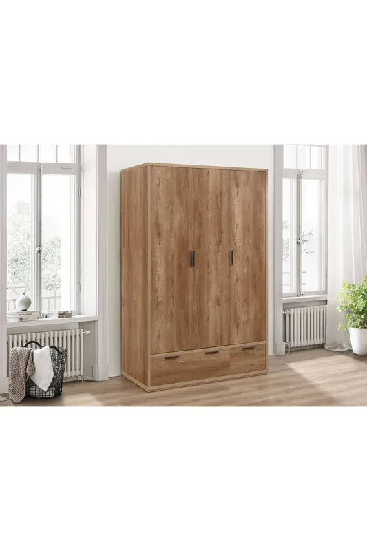 Birlea Stockwell 3 Door 2 Drawer Wardrobe Rustic Oak in Brown - Brown