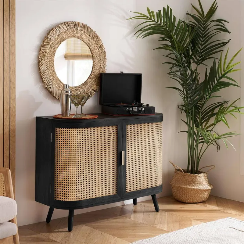 Birlea 2 Door Rattan Sideboard Curved Cupboard Sark Storage Cabinet in Black Black
