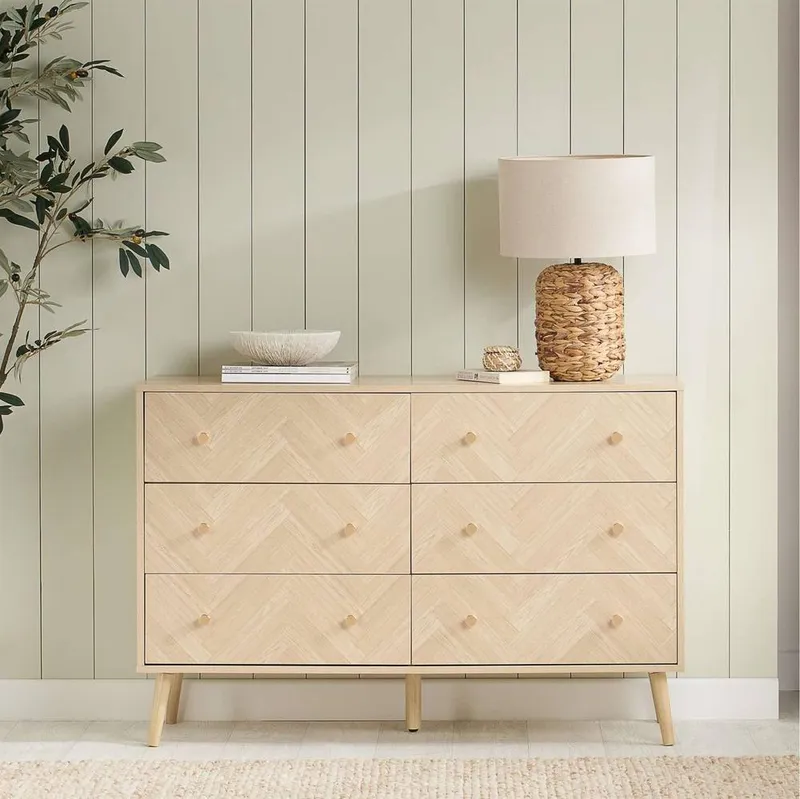 Birlea 6 Drawer Oak Brown Wooden Chest Herringford in Light Oak - Light Oak