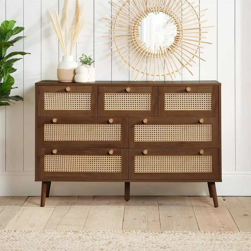 Birlea Walnut Chest of 7 Drawers Rattan Croxley Mid Century Modern - Walnut