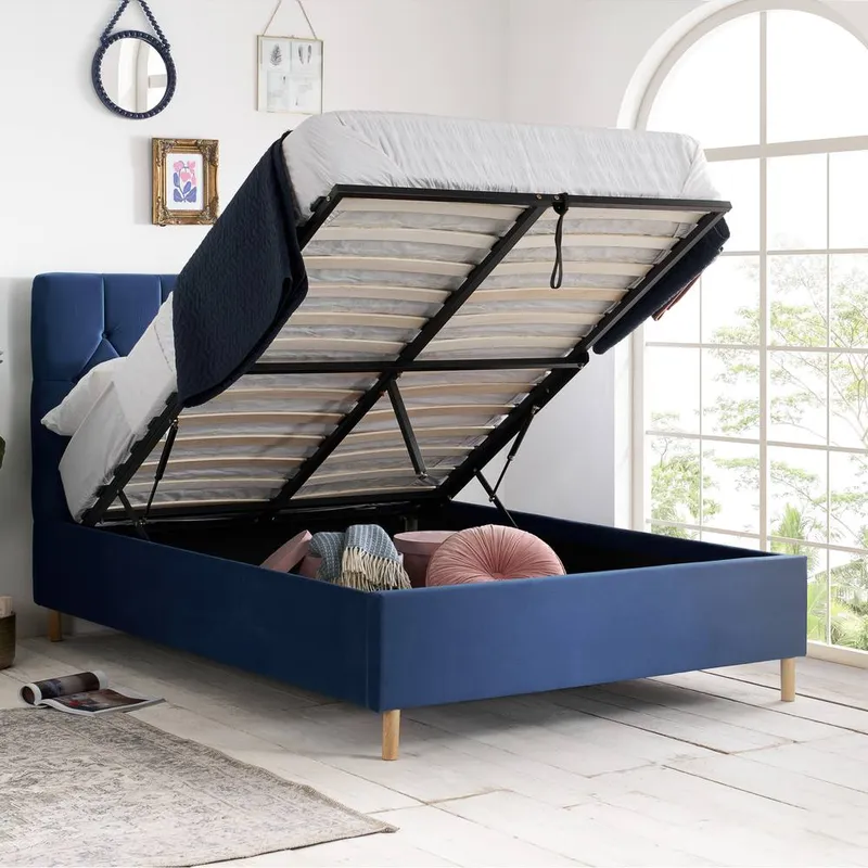 Birlea Velvet Fabric Ottoman Bed Frame Storage Loxley in Blue Size: Double Blue Double
