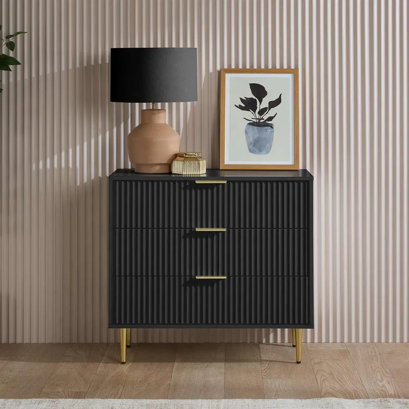 Birlea Zaza Black 3 Drawer Chest Fluted Bedroom Storage - Black
