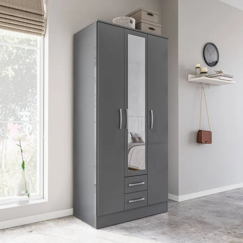 Lynx 3 Door 2 Drawer Wardrobe With Mirror Birlea in Grey - Grey