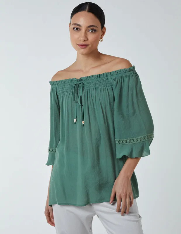 Blue Vanilla Bardot Tie Front Top - S / Light Khaki - female