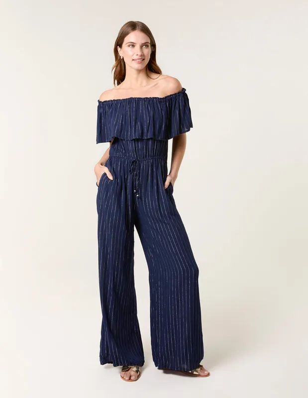 Blue Vanilla Women's Navy Bardot Tie Waist Jumpsuit Size: Small - Navy