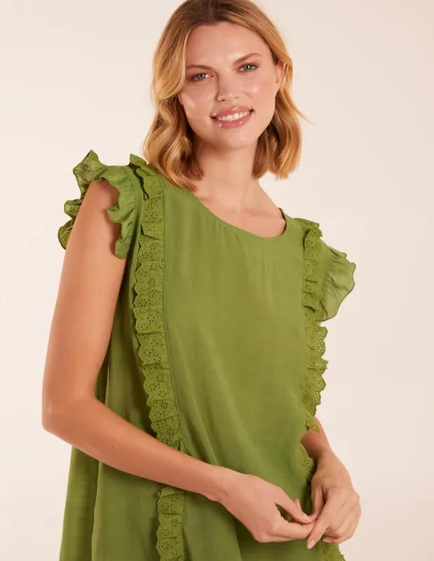 Blue Vanilla Women's Button Back Frill Top in Green Size: Small Green