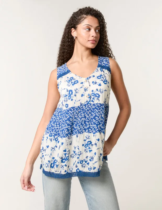 Blue Vanilla Crochet Mix Button Front Top - M/L / Ivory - female
