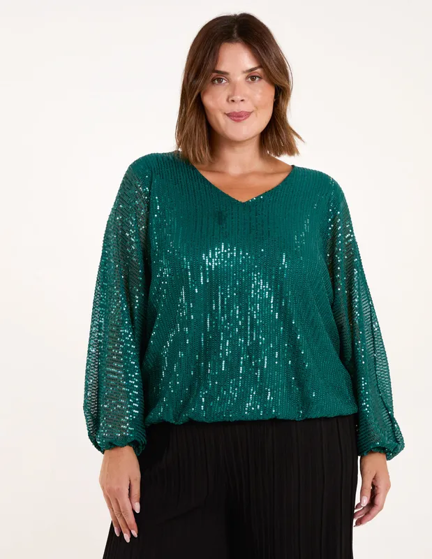 Blue Vanilla Curve Sequin Batwing Blouse - 26/28 / Teal - female