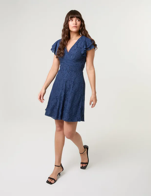 Blue Vanilla Lace Angel Sleeve Dress - 8 / Navy - female