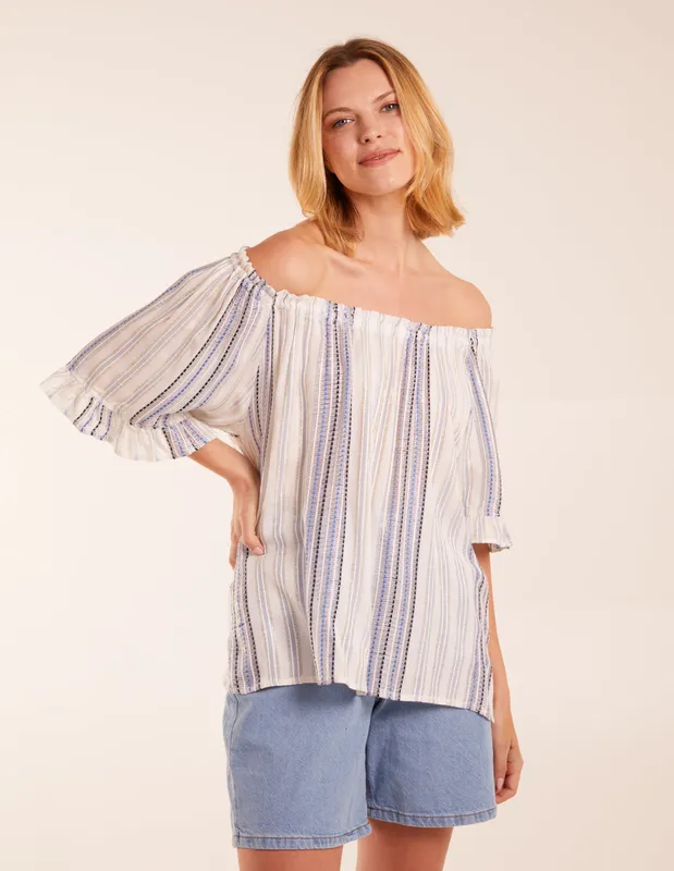 Blue Vanilla Lurex Strip Bardot Top - M / Blue - female