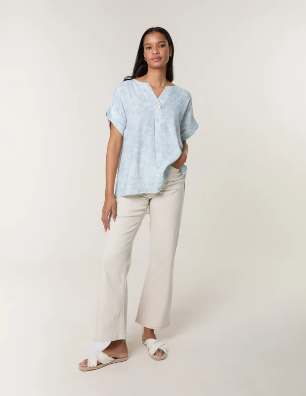 Blue Vanilla Printed V Neck Button Top - S / Blue - female