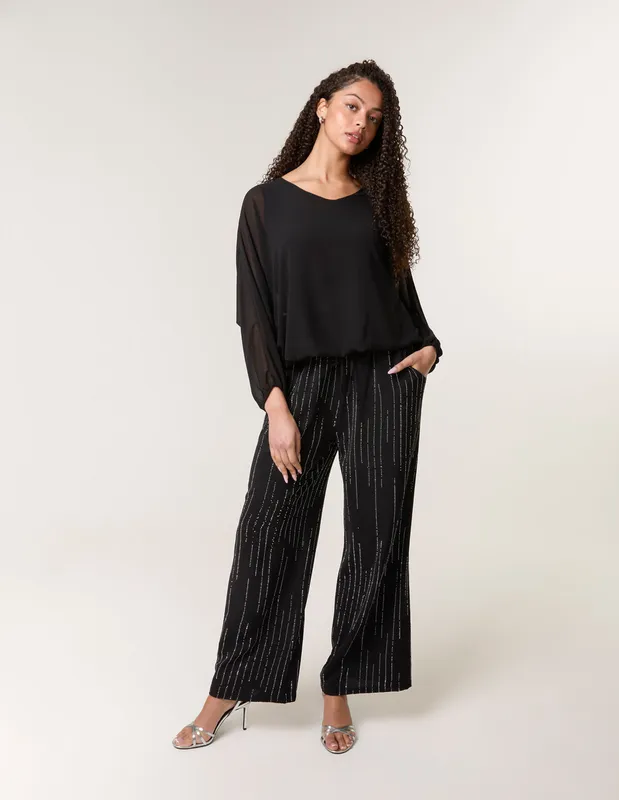 Blue Vanilla Women's Black Sparkle Wide Leg Trousers Size: Medium/Large - Black