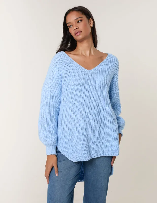 Blue Vanilla Women's Blue V Neck Chunky Jumper - Blue