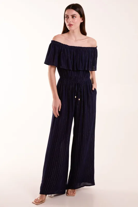 Blue Vanilla Women's Bardot Jumpsuit in Blue Size: Medium Blue M