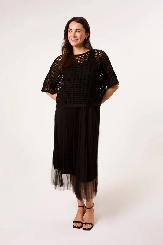 Blue Vanilla Crochet Top Pleat Dress - S/M / Black - female