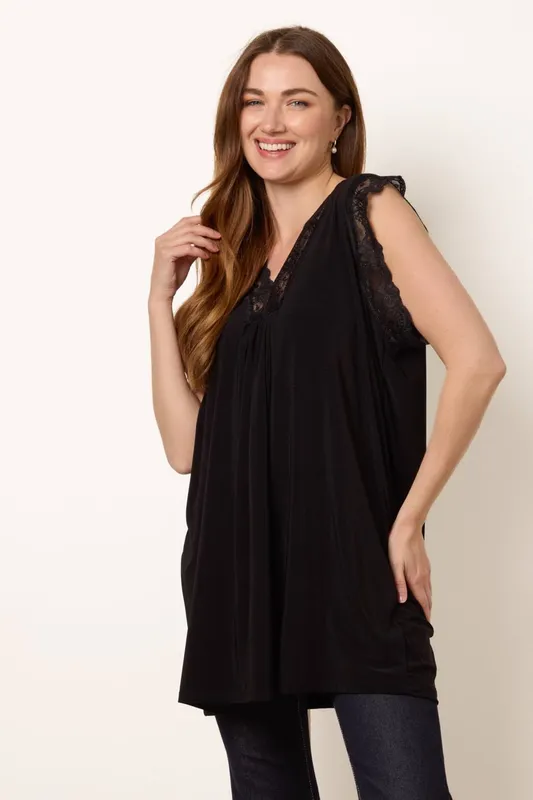 Blue Vanilla Women's Black V Lace Trim Top Black One Size