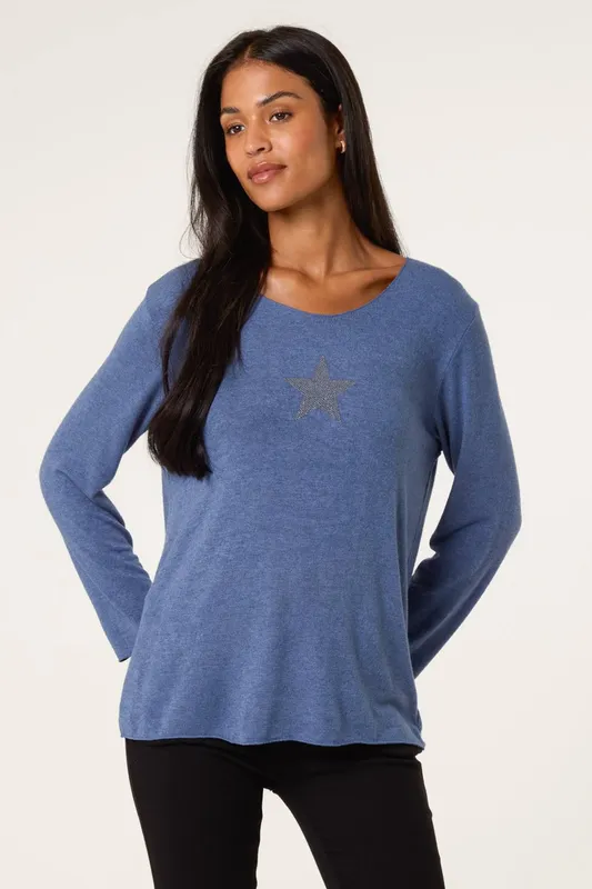 Blue Vanilla Women's Blue Diamante Star Long Sleeve Jumper Blue