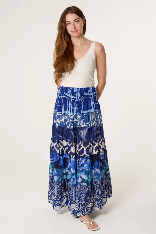 Blue Vanilla Women's Blue Multi Print Shirred Skirt - Blue
