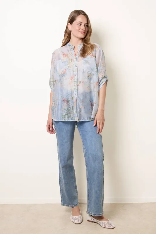 Blue Vanilla Women's Blue Sheer Floral Shirt - Blue - Size: One Size