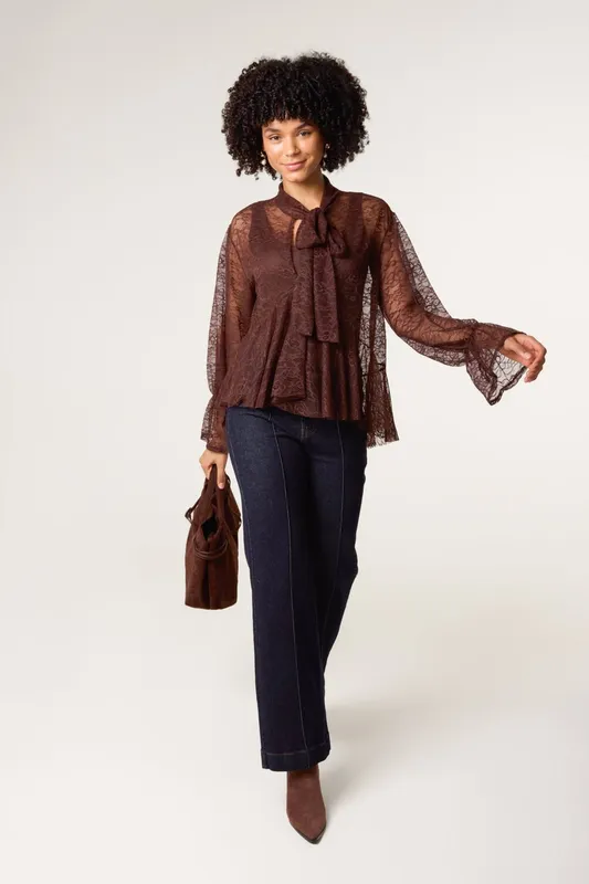 Blue Vanilla Women's Brown Lace Pussybow Blouse - Brown
