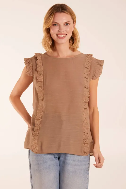 Blue Vanilla Button Back Frill Top - M / Mocha - female