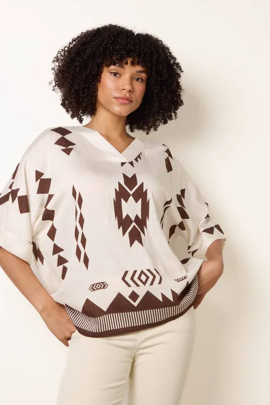 Blue Vanilla Women's Ecru Linen Geometric Print Top Size: Small/Medium - Ecru
