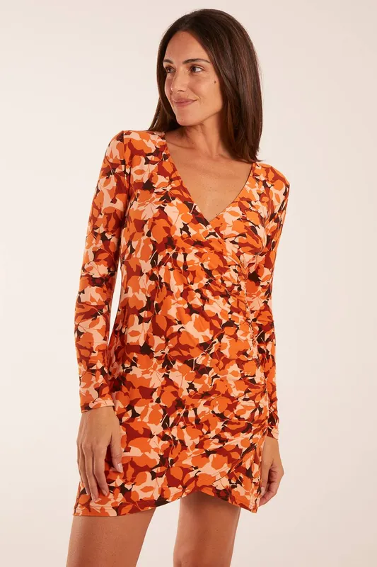 Blue Vanilla Women's Fixed Wrap Gathered Mini Dress in Orange Size: 10 Orange female