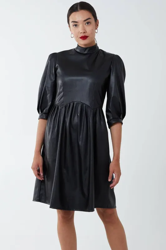 Blue Vanilla Women's High Neck PU Dress in Black Size: 8 - Black