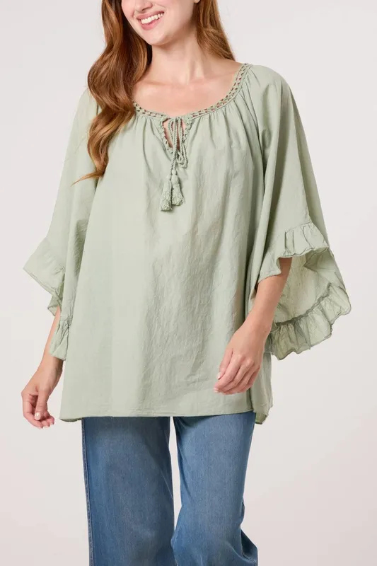 Blue Vanilla Women's Khaki Bardot Cotton Tie Neck Top - Khaki