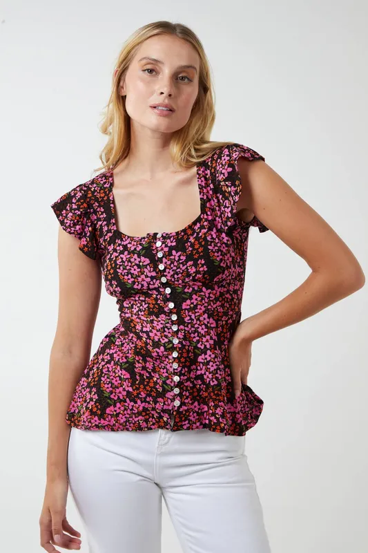 Blue Vanilla Women's Milkmaid Button Front Peplum Top in Pink Size: 10 - Pink - Size: 10