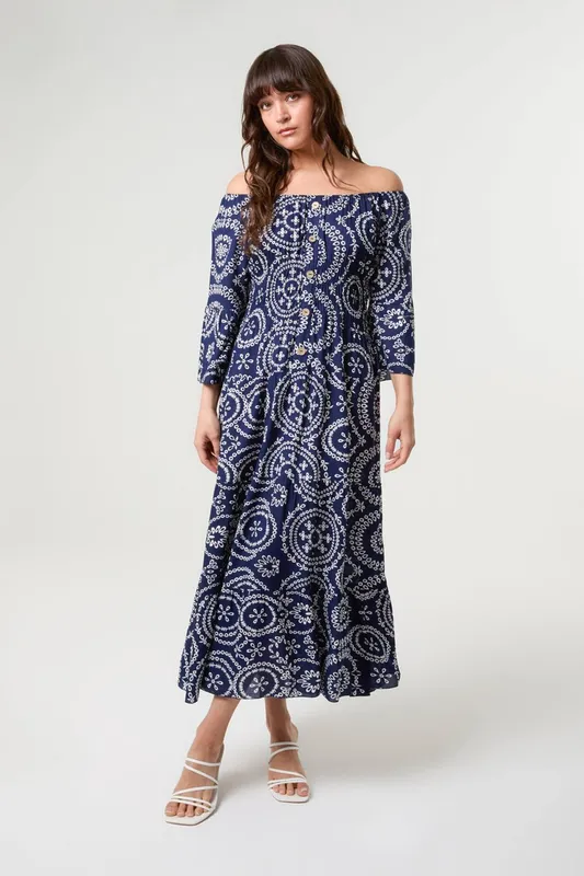 Blue Vanilla Women's Navy Bardot Coconut Button Maxi Dress Size: Small - Navy - Size: S