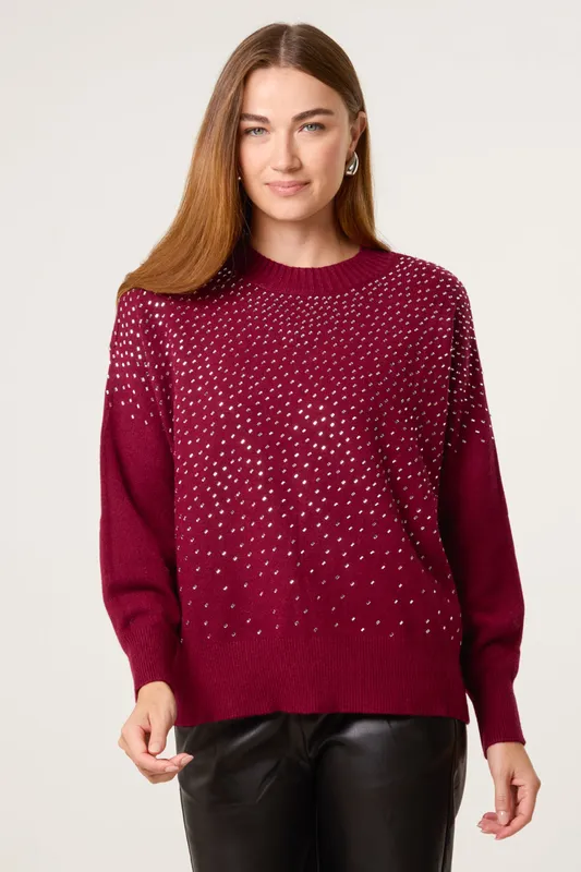Blue Vanilla Women's Red Diamante Jumper Size: Large/XL Red L/XL