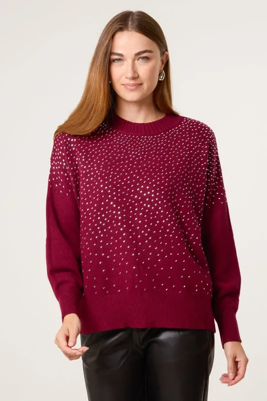 Blue Vanilla Women's Red Diamante Jumper Size: Small/Medium - Red