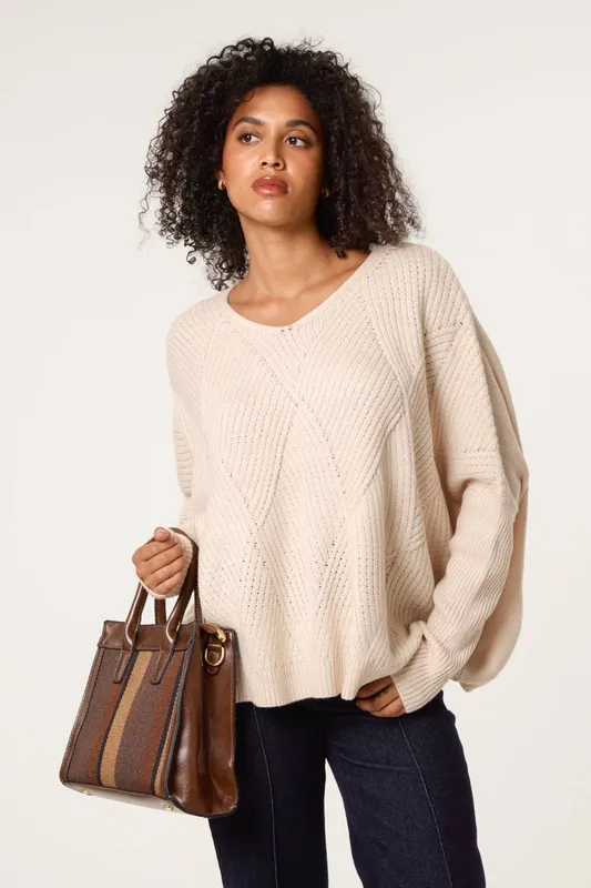Blue Vanilla Women's Stone Slouchy V Neck Jumper Stone