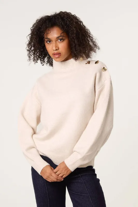 Blue Vanilla Women's Stone Turtle Neck Shoulder Brooch Detailed Jumper Size: Small/Medium Stone S/M female