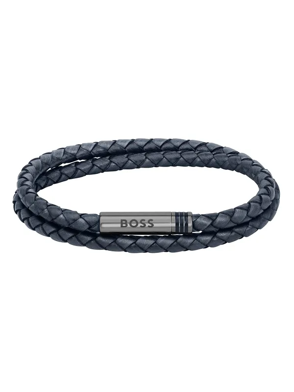 Boss Ares Leather Rope Bracelet - Navy - Male - Size: One Size