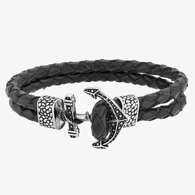 Bourne and Wilde Mens Double Black Leather Anchor Bracelet Osb-1730SBK