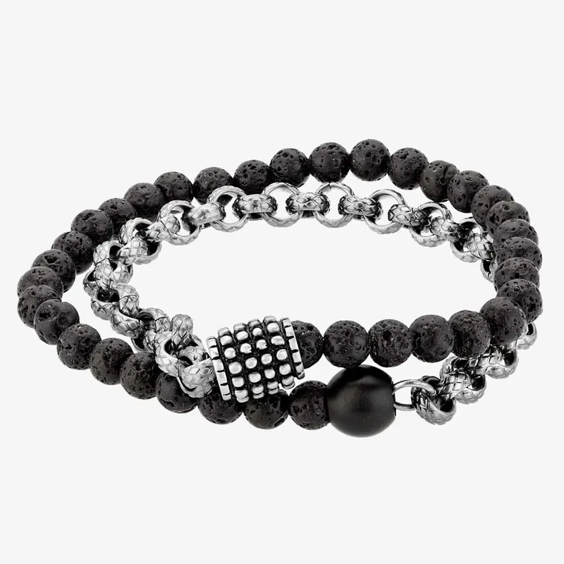 Bourne and Wilde Mens Black and Silver Double Bracelet Osb-1681SGR